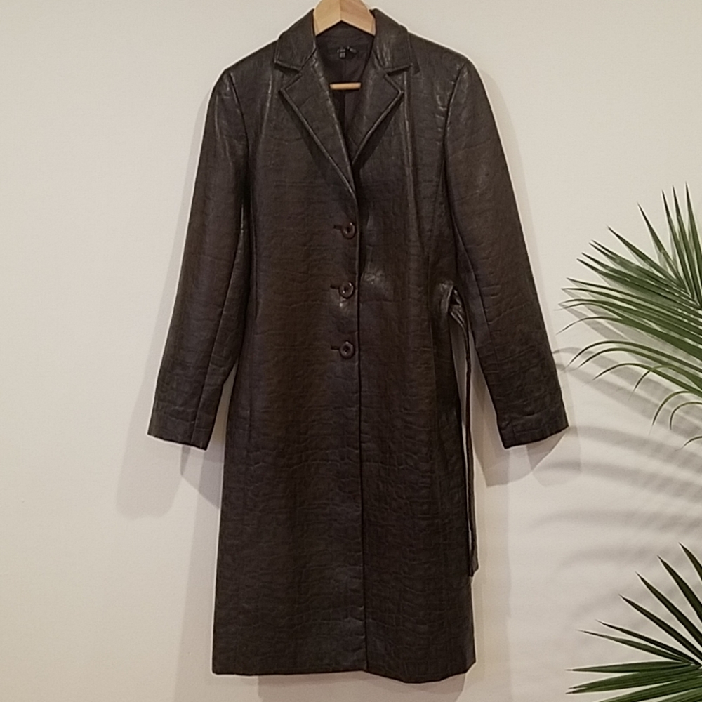 Faux croc vinyl trench coat